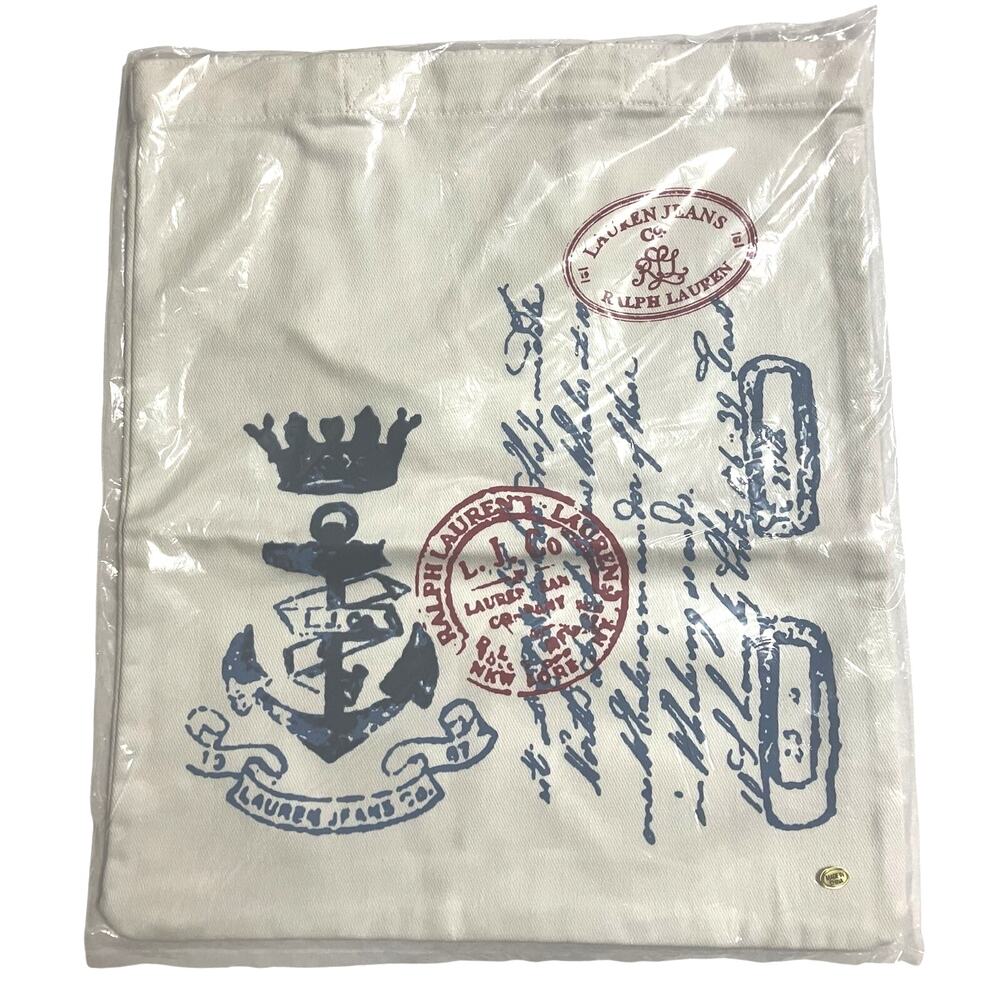 Ralph Lauren Jeans Cotton Canvas Tote Bag Nautical Anchor Graphic Logo Stamp NIP